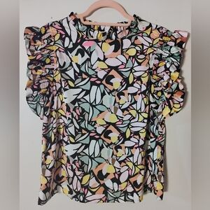 Jodifl Abstract‎ Floral Print Smocked Ruffle Blouse - M